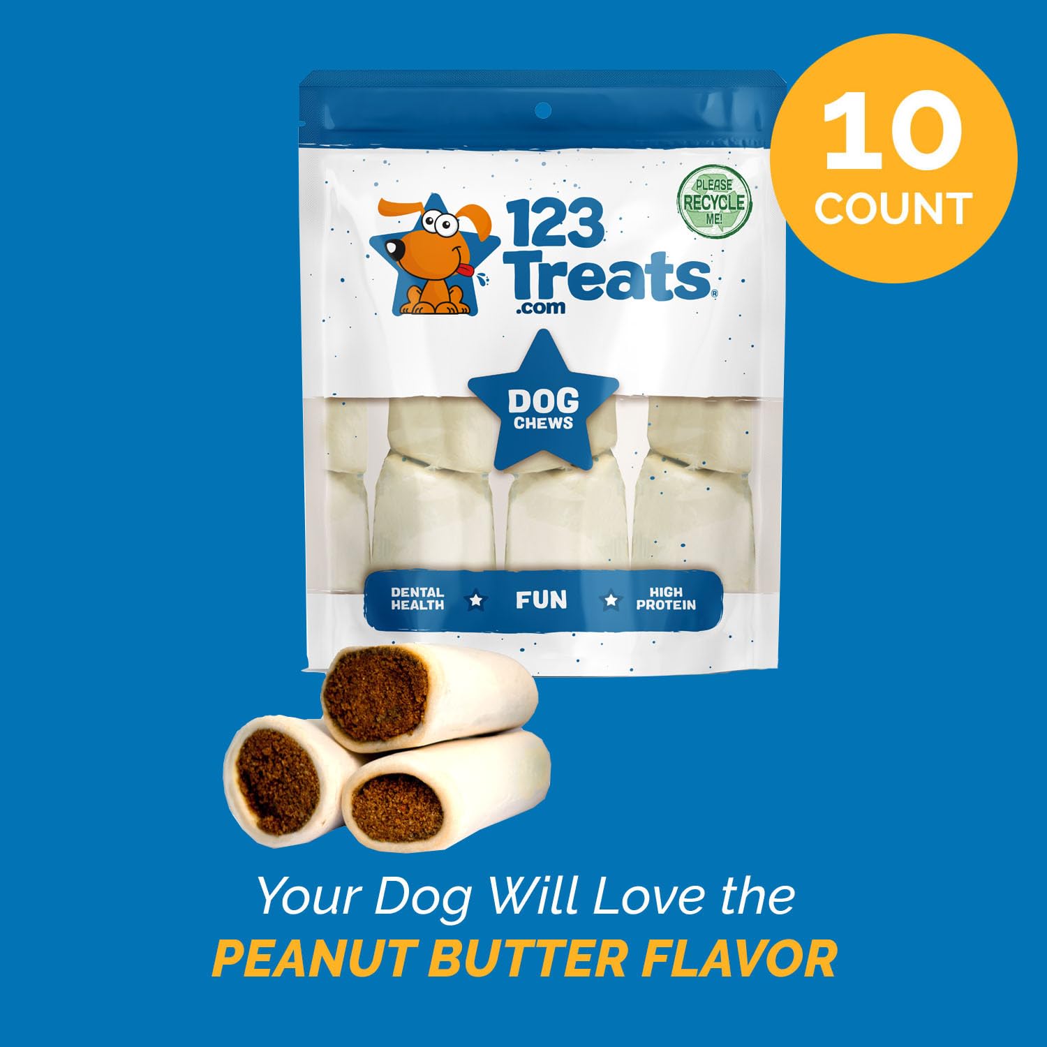 123 Treats, Filled Dog Bones, Peanut Butter Bones for Dogs (3 to 4 Beef Bones - 10 Count) Stuffed Shin Bones, Long Lasting Chews